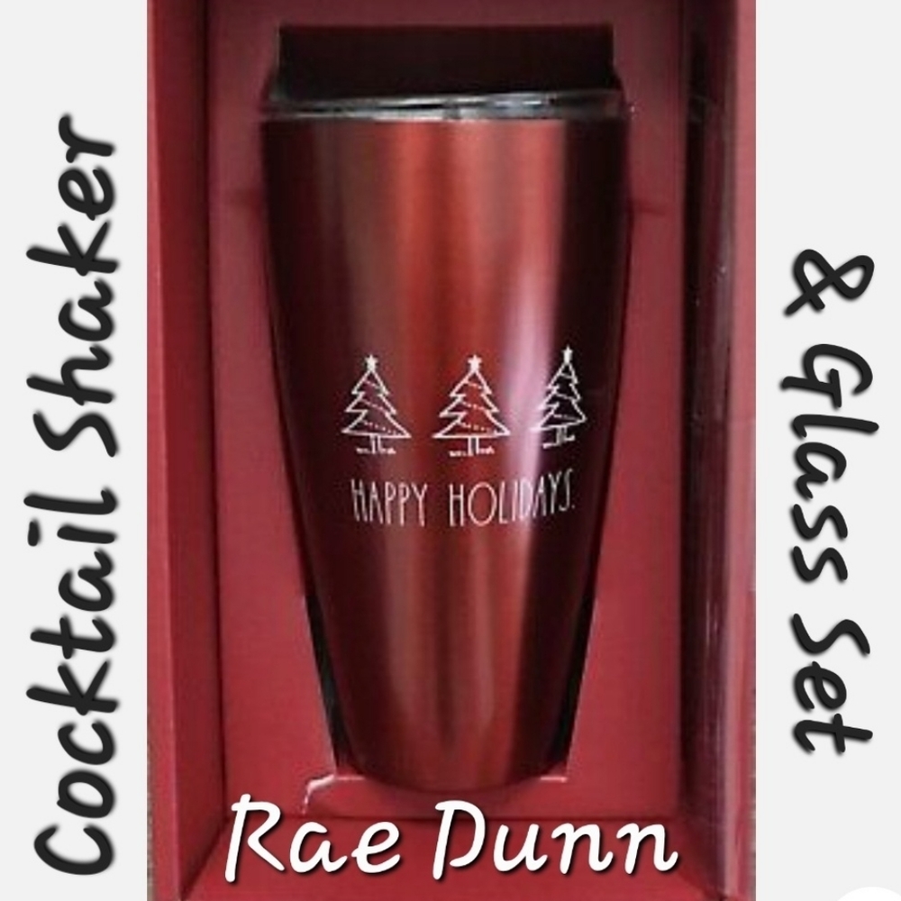 👀50% OFF🍸🍹 NWT‼️ Rae Dunn brand "Happy Holidays" Cocktail Shaker & Glass Set